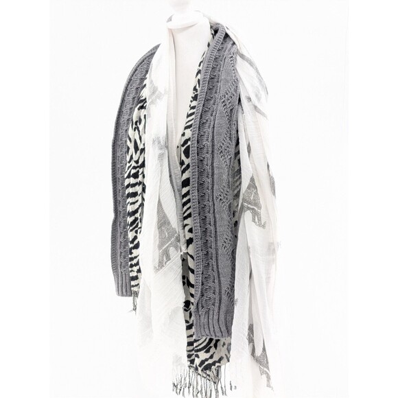 Boho Gray Cable Knit Black White Zebra Fringe Sheer Paris Scarf Bundle Lot of 3 - Picture 1 of 4